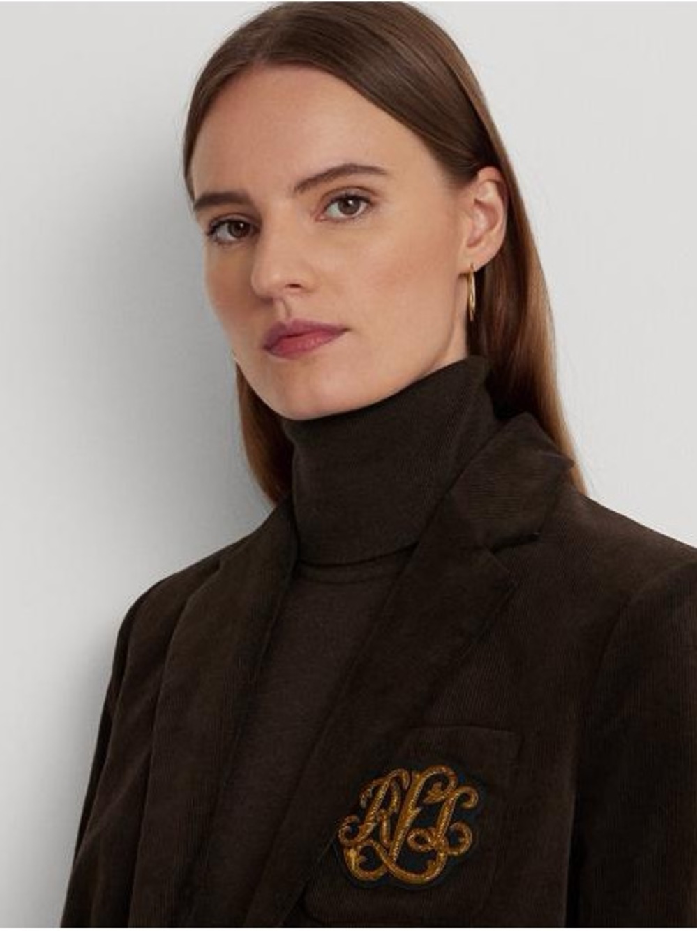 Lauren Ralph Lauren Dark Brown Velvet Blazer with Gold Embroidered Crest - Picture 3 of 4